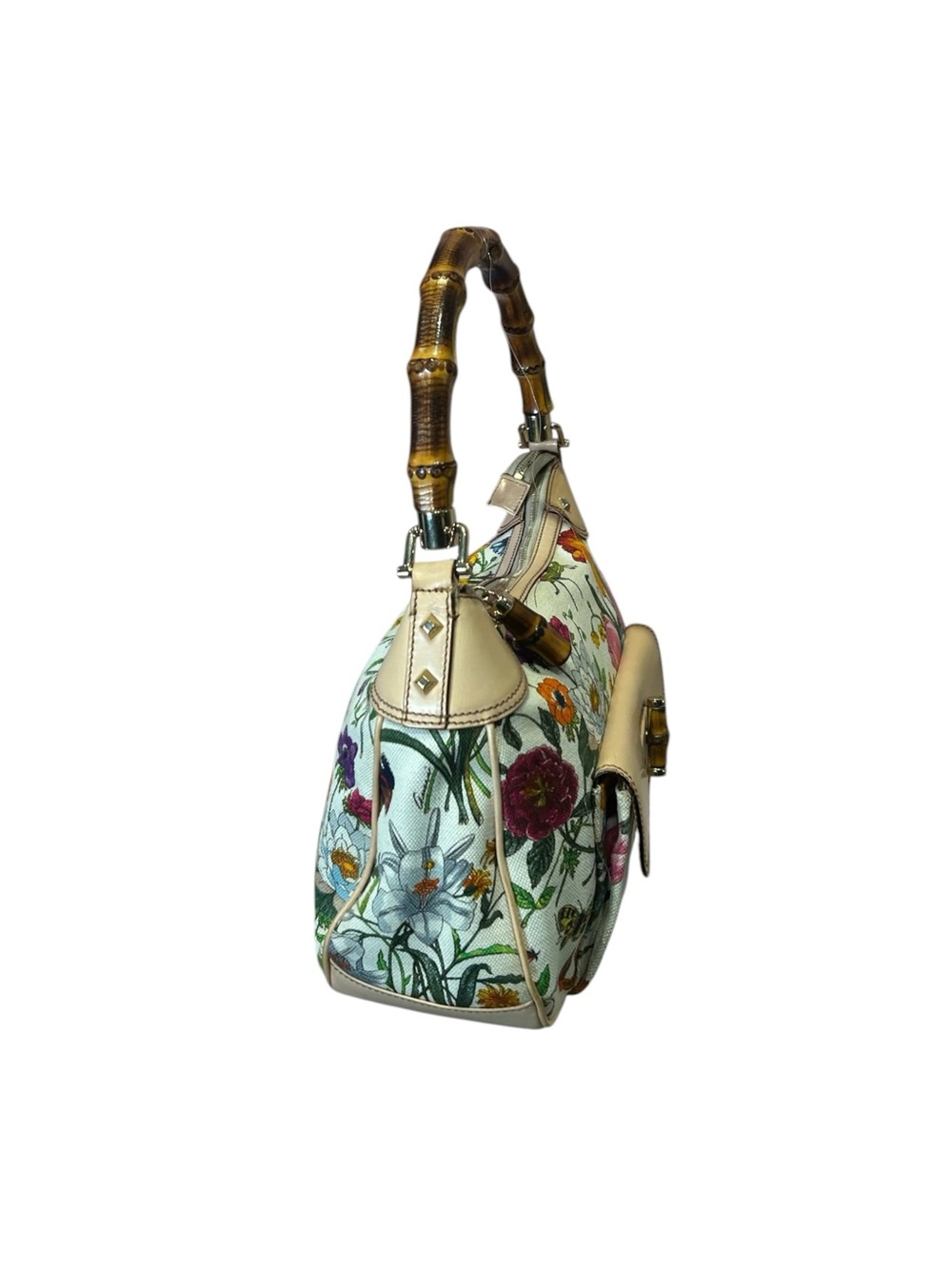 Vintage Y2K Gucci Flora Bamboo Canvas Leather Bamboo Shoulder Bag - Picture 4 of 6